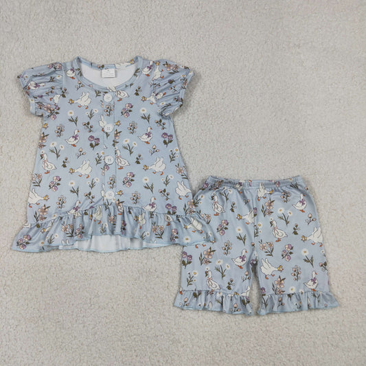 GSSO3433 Goose Flower Gray Blue Buttons Ruffle Short Sleeve Shorts Girls Sets 202605 RTS