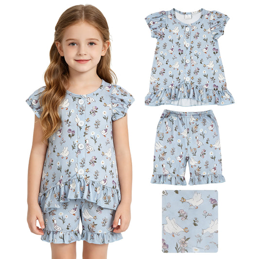 GSSO3433 Goose Flower Gray Blue Buttons Ruffle Short Sleeve Shorts Girls Sets 202605 RTS