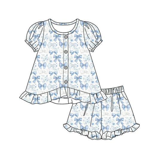 MOQ 5 PCS Preorder GSSO3435 Blue Bows Buttons Ruffle Short Sleeve Shorts Girls Sets 202603