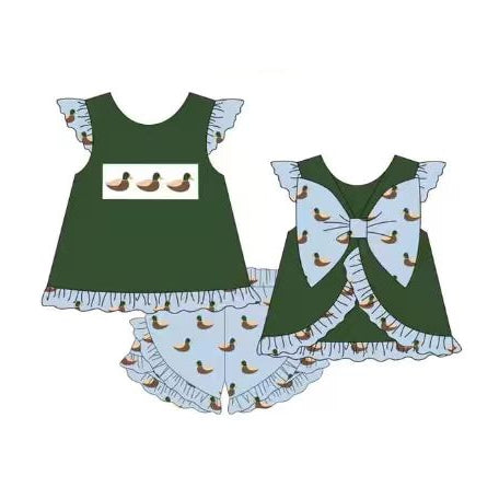 MOQ 5 PCS Preorder GSSO3437 Duck Hunting Big Bow Flying Sleeve Shorts Girls Sets 202603
