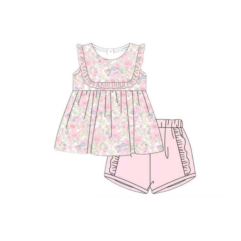 MOQ 5 PCS Preorder GSSO3443 Flower Pink Ruffle Sleeveless Shorts Girls Sets 202603