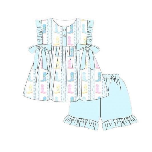 MOQ 5 PCS Preorder GSSO3444 Boots Love Light Blue Green Ruffle Sleeveless Shorts Girls Sets 202603