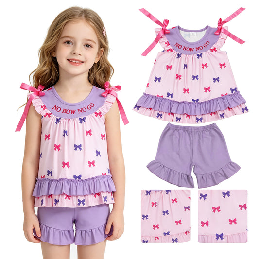 GSSO3460 Embroidered No Bow No Go Letter Pink Fly Sleeve Purple Ruffle Shorts Girls Sets 202605 RTS