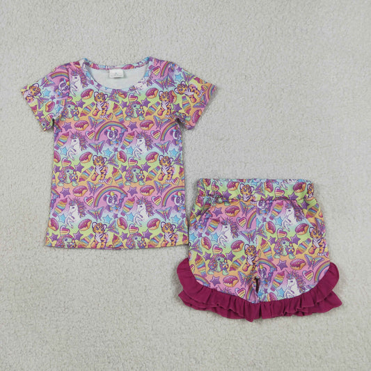 GSSO3472 Unicorn Rainbow Short Sleeve Purple Ruffle Shorts Girls Sets 202604 RTS