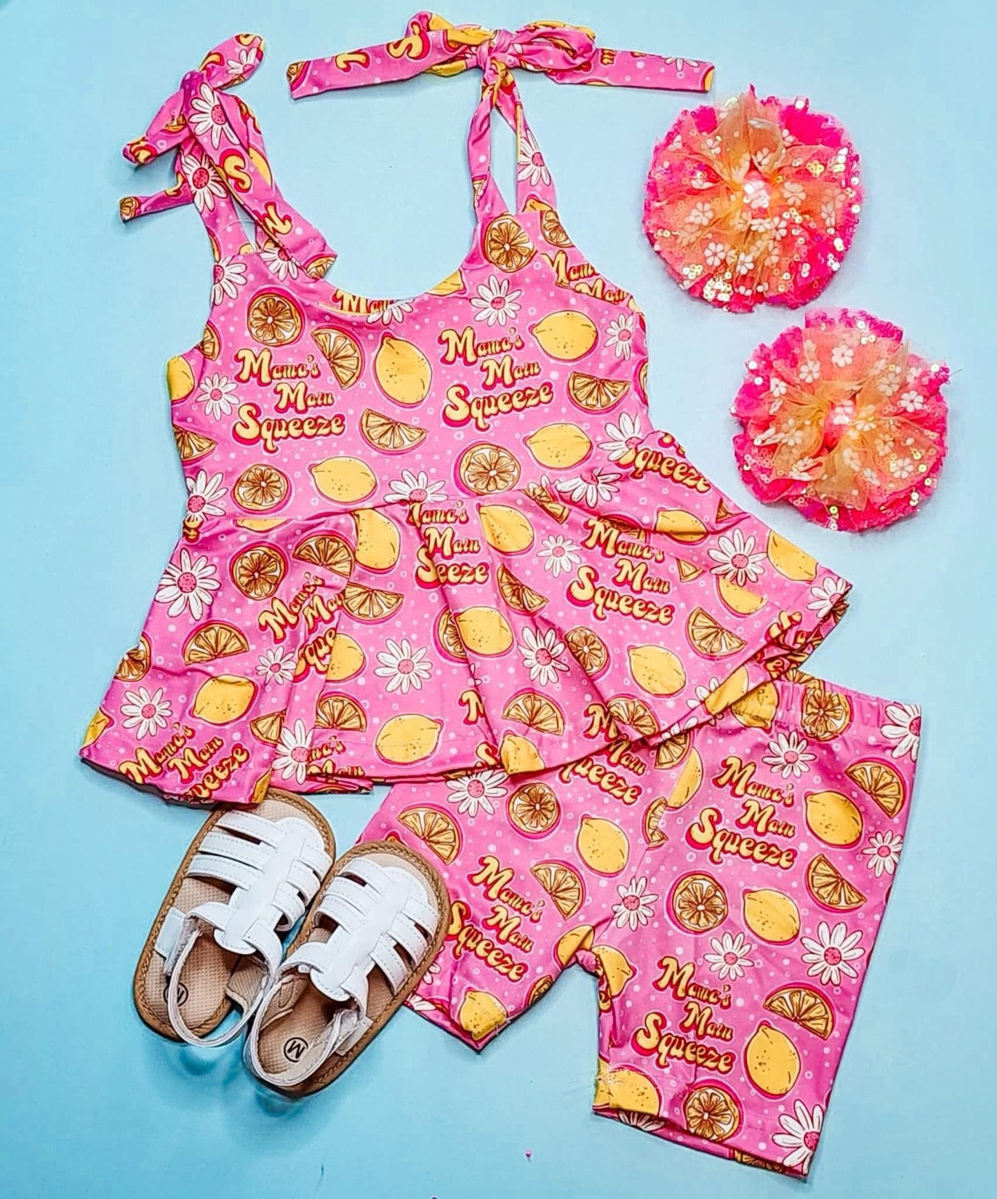 MOQ 5 PCS Preorder GSSO3473 Mama's Squeeze Lemon Pink Sleeveless Shorts Girls Sets 202603