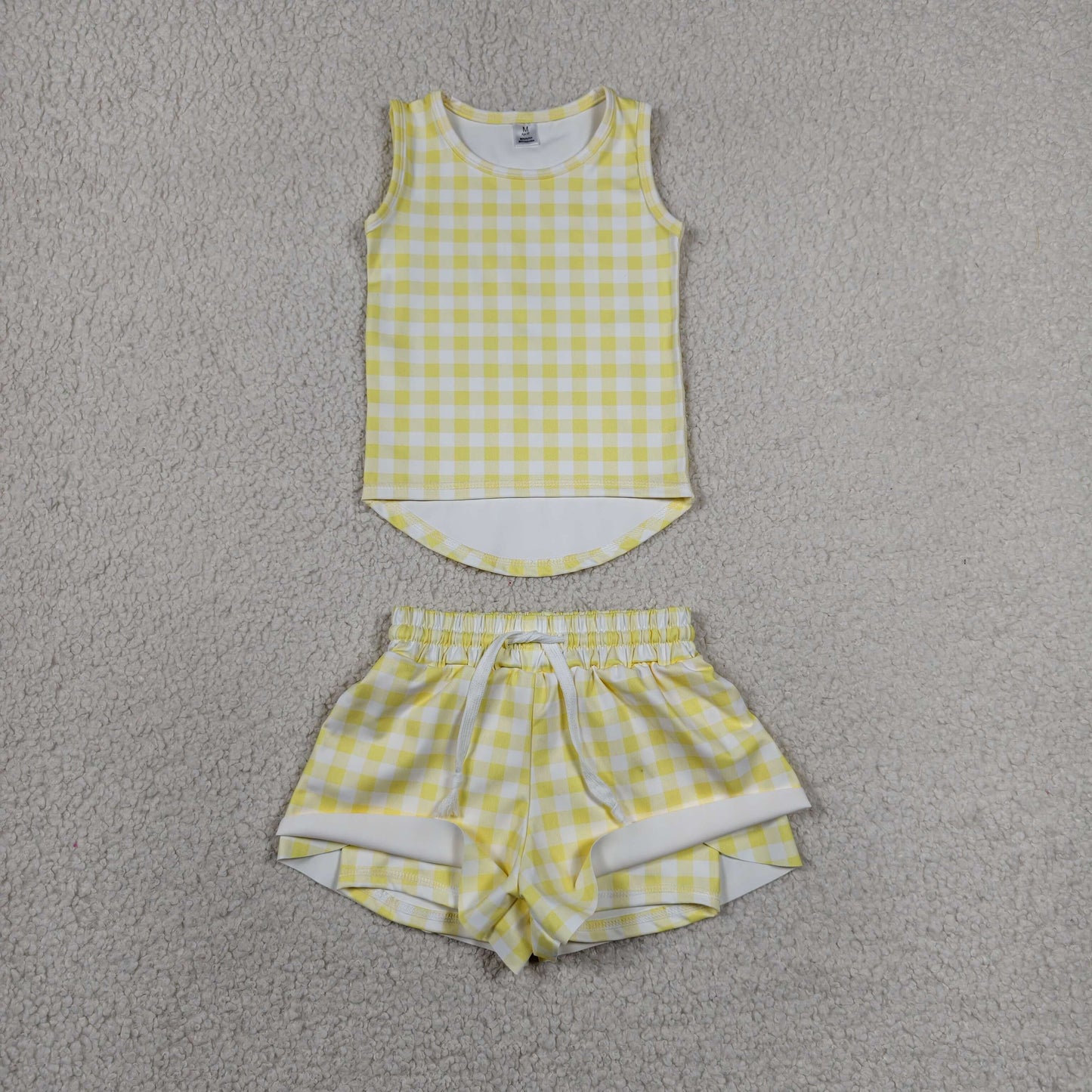 GSSO3475 Light Yellow Plaid Sleeveless with Double Layer Shorts Girls Yoga Sets 202606 RTS