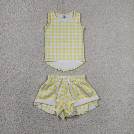GSSO3475 Light Yellow Plaid Sleeveless with Double Layer Shorts Girls Yoga Sets 202606 RTS