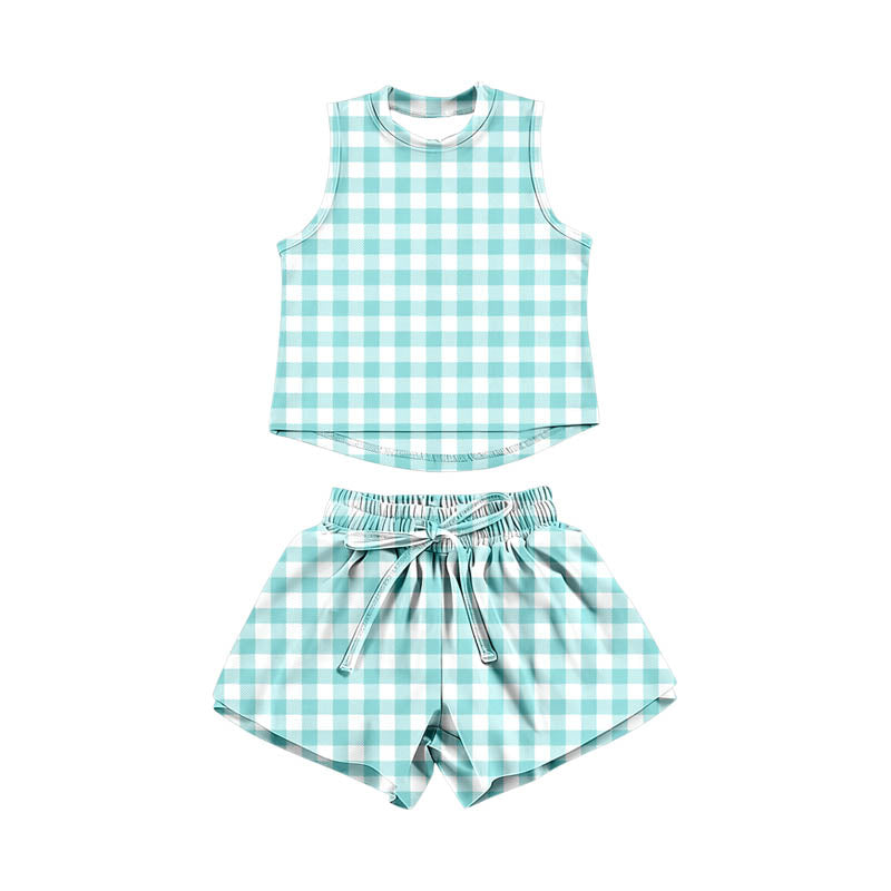 MOQ 5 PCS Preorder GSSO3476 Light Blue Green Plaid Sleeveless with Double Layer Shorts Girls Yoga Sets 202603