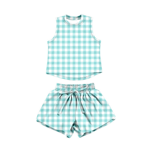 MOQ 5 PCS Preorder GSSO3476 Light Blue Green Plaid Sleeveless with Double Layer Shorts Girls Yoga Sets 202603