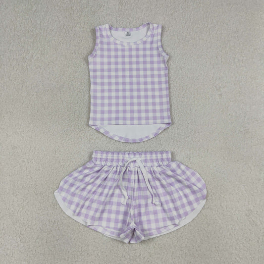 GSSO3477 Light Purple Plaid Sleeveless with Double Layer Shorts Girls Yoga Sets 202604 RTS