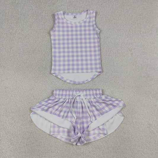 GSSO3477 Light Purple Plaid Sleeveless with Double Layer Shorts Girls Yoga Sets 202604 RTS