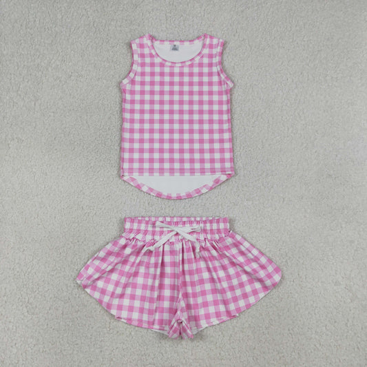 GSSO3478 Rose Red Plaid Sleeveless with Double Layer Shorts Girls Yoga Sets 202604 RTS