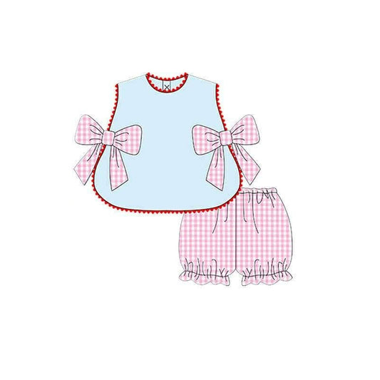 MOQ 5 PCS Preorder GSSO3487 Pink Plaid Bows Red Ruffle Blue Sleeveless Shorts Girls Sets 202603