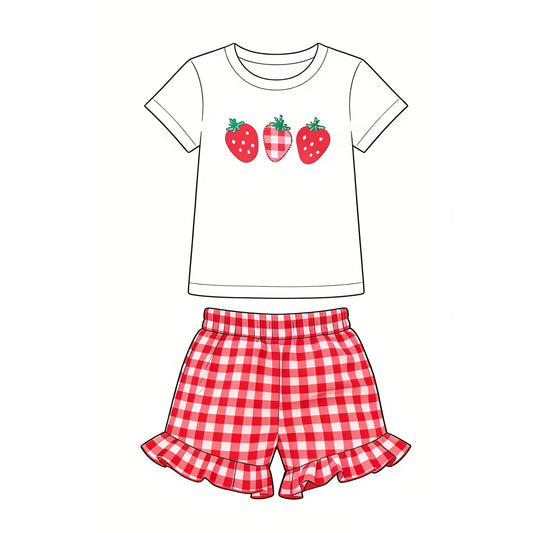 MOQ 5 PCS Preorder GSSO3488 Strawberry White Short Sleeve Red Plaid Shorts Girls Sets 202603
