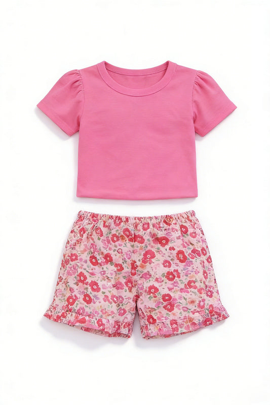 MOQ 5 PCS Preorder GSSO3489 Solid Rose Red Short Sleeve Flower Ruffle Shorts Girls Sets 202603