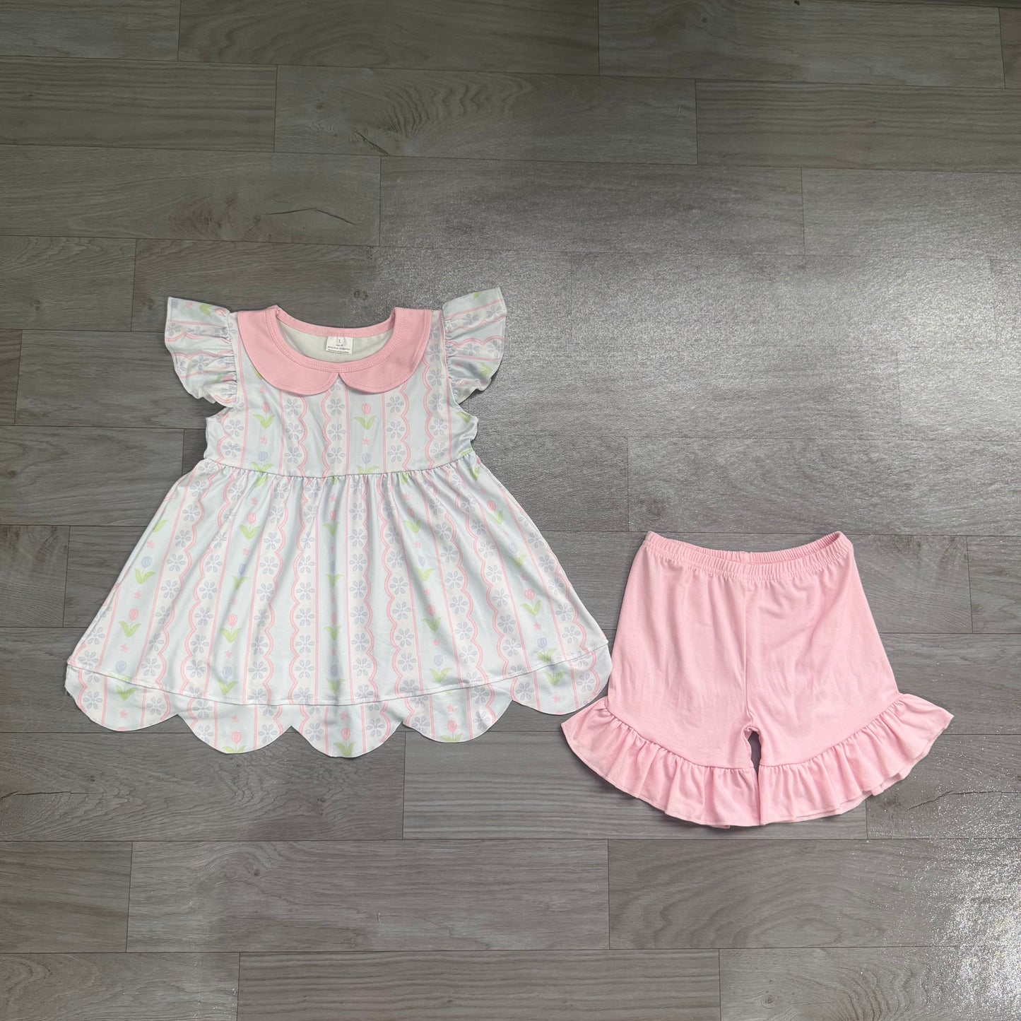 NO MOQ Preorder GSSO3490 Flower Stripe Doll Collar Pink Scalloped Fly Sleeve Shorts Girls Sets 202607