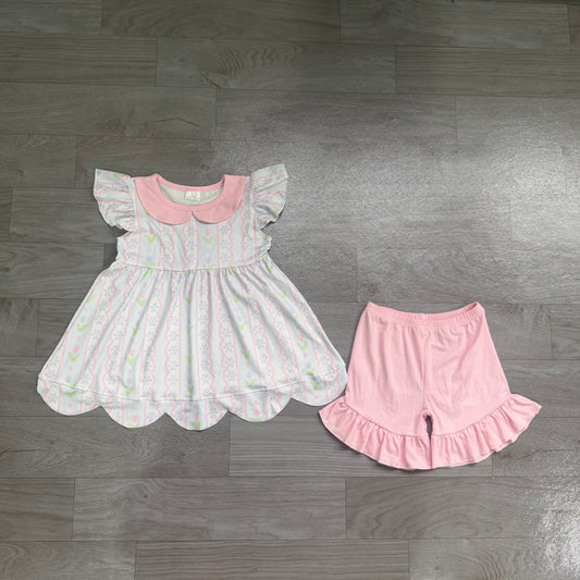 NO MOQ Preorder GSSO3490 Flower Stripe Doll Collar Pink Scalloped Fly Sleeve Shorts Girls Sets 202607