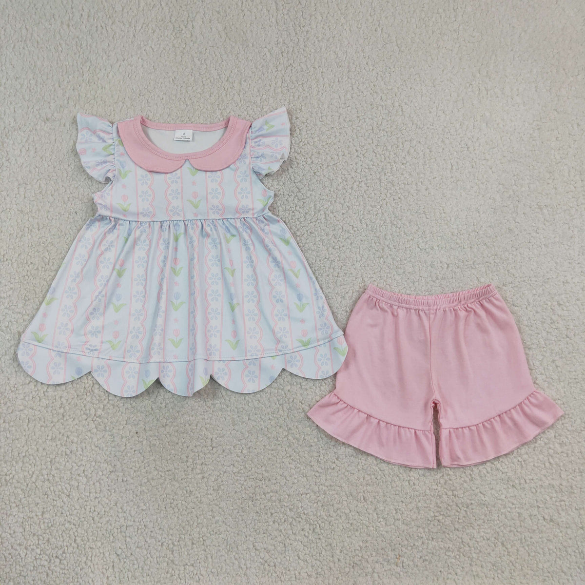 GSSO3490 Flower Stripe Doll Collar Pink Scalloped Fly Sleeve Shorts Girls Sets 202608 RTS