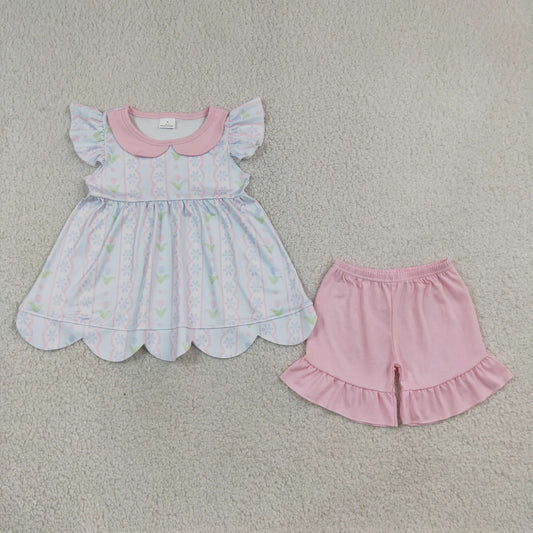 GSSO3490 Flower Stripe Doll Collar Pink Scalloped Fly Sleeve Shorts Girls Sets 202608 RTS