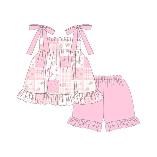 MOQ 30 PCS Preorder GSSO3491 Floral Plaid Ruffle Sleeveless Shorts Girls Sets 202603