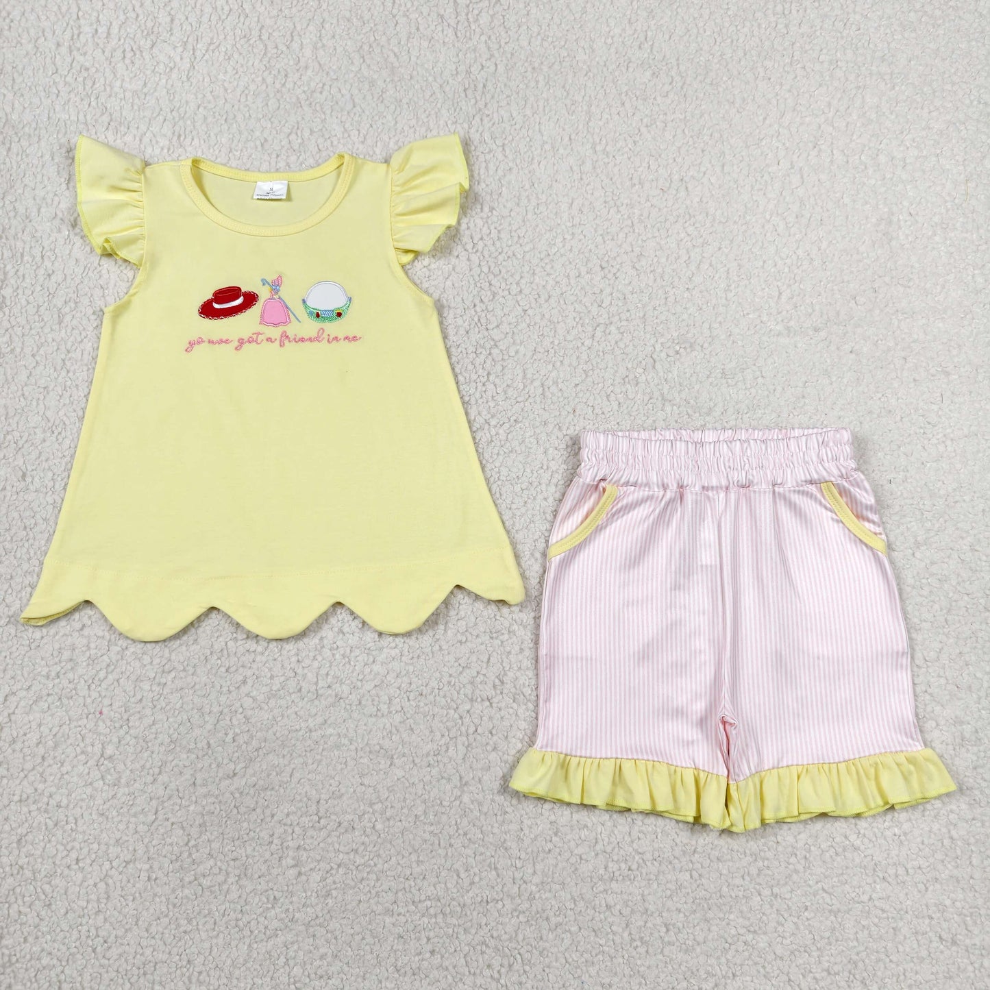 GSSO3495 Embroidered Friend Letter Cartoon Hat Yellow Ruffle Fly Sleeve Pink Stripe Shorts Girls Sets 202606 RTS