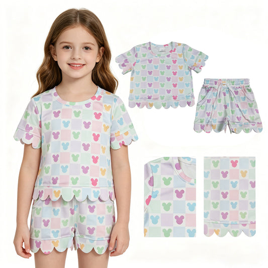 GSSO3496 Cartoon Mouse Colored Plaid Wave Ruffle Short Sleeve Shorts Girls Sets 202604 RTS
