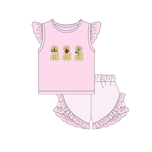 MOQ 5 PCS Preorder GSSO3497 Back to School Puppy Apple Pencil Pink Fly Sleeve Stripe Ruffle Shorts Girls Sets 202603