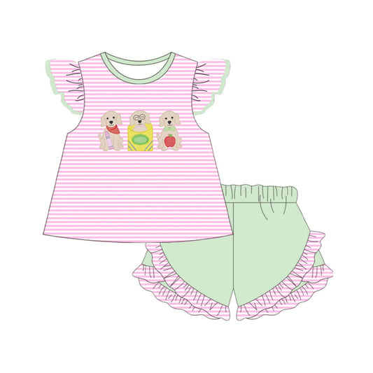 MOQ 5 PCS Preorder GSSO3498 Back to School Puppy Apple Pencil Pink Stripe Ruffle Fly Sleeve Green Shorts Girls Sets 202603
