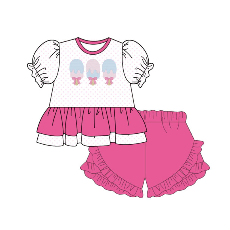 MOQ 5 PCS Preorder GSSO3502 Ice Cream Pink Dots Rose Red Ruffle Short Sleeve Shorts Girls Sets 202603