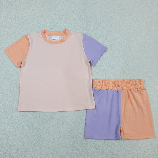 GSSO3504 Blue Pink Patchwork Short Sleeve Shorts Girls Sets 202604 RTS