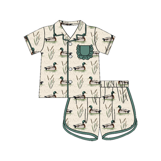 MOQ 5 PCS Preorder GSSO3512 Duck Green Ruffle Pocket Beige Polo Buttons Short Sleeve Shorts Girls Pajama Sets 202603