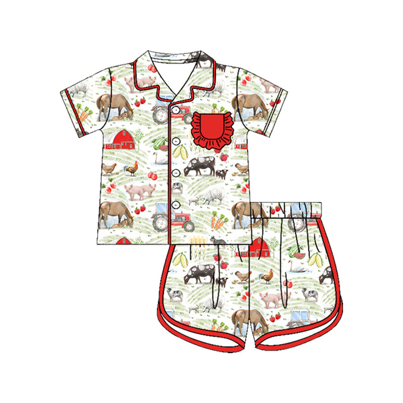 MOQ 5 PCS Preorder GSSO3514 Farm Animals Red Ruffle Pocket Beige Polo Buttons Short Sleeve Shorts Girls Pajama Sets 202603
