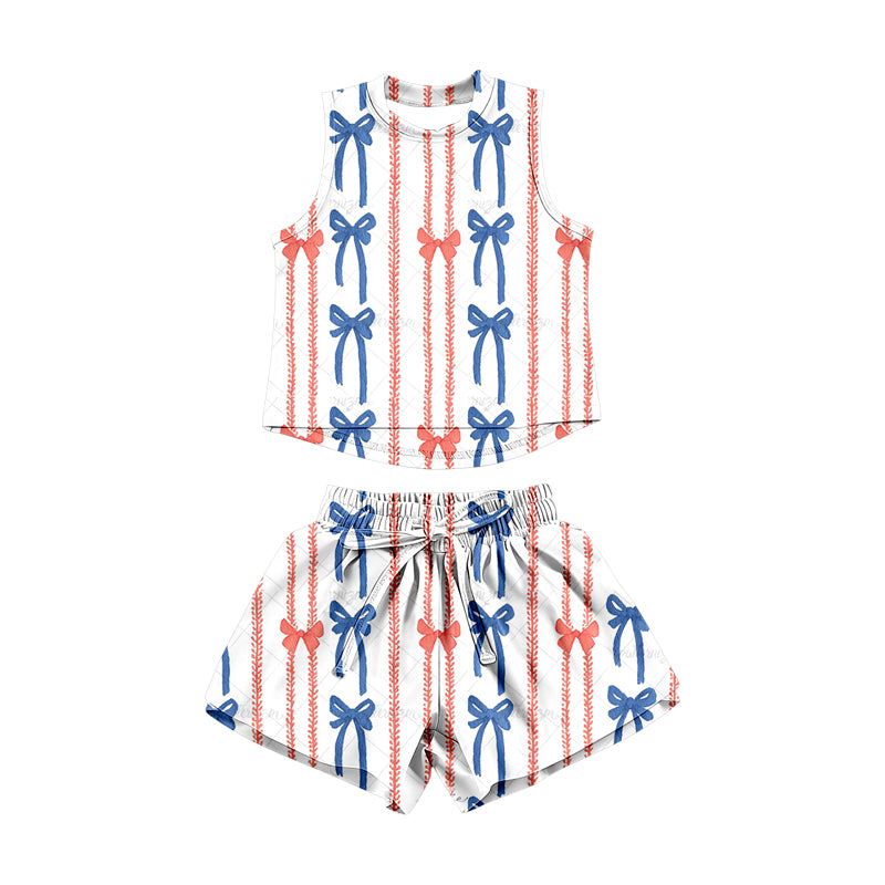 MOQ 5 PCS Preorder GSSO3515 4th of July Red Blue Bows Sleeveless Shorts Girls Sets 202603