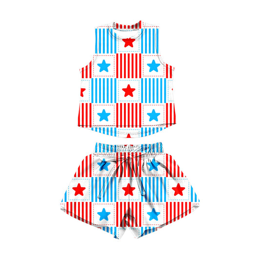 MOQ 5 PCS Preorder GSSO3516 4th of July Red Blue Star Stripe Plaid Sleeveless Shorts Girls Sets 202603