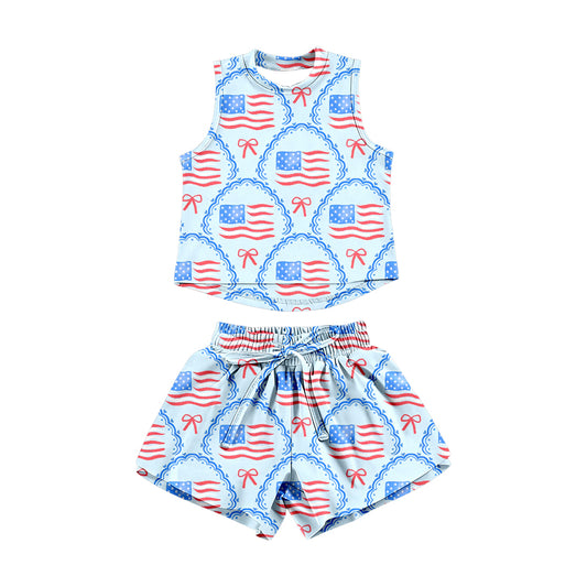 MOQ 5 PCS Preorder GSSO3517 4th of July Flag Bows Blue Sleeveless Shorts Girls Sets 202603