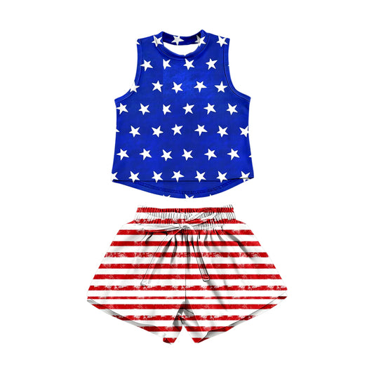 MOQ 5 PCS Preorder GSSO3518 4th of July Star Blue Sleeveless Red Stripe Shorts Girls Sets 202603