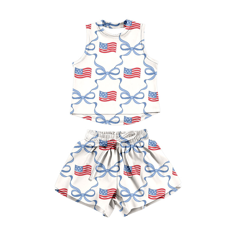 MOQ 5 PCS Preorder GSSO3519 4th of July Flag Blue Bows Sleeveless Shorts Girls Sets 202603
