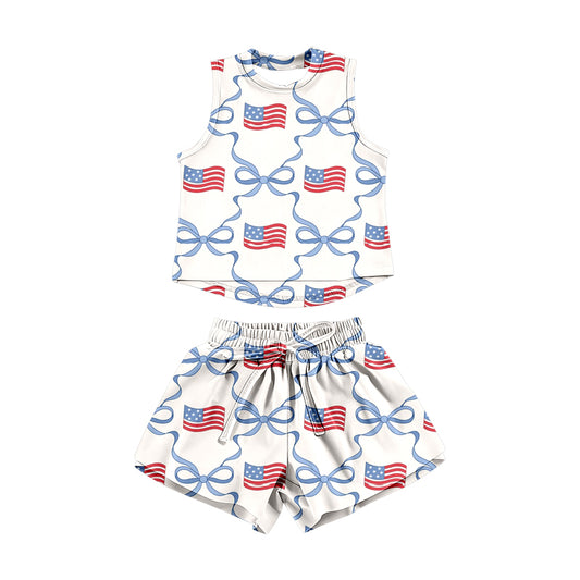 MOQ 5 PCS Preorder GSSO3519 4th of July Flag Blue Bows Sleeveless Shorts Girls Sets 202603