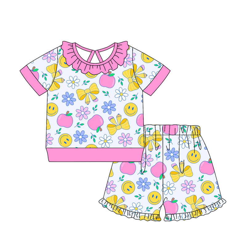 MOQ 5 PCS Preorder GSSO3523 Back to School Bows Apple Flower Smile Face Rose Red Ruffle Short Sleeve Shorts Girls Sets 202603