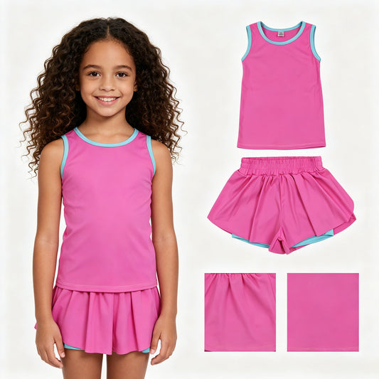 GSSO3526 Rose Red Sleeveless with Double Layer Shorts Girls Yoga Sets 202605 RTS