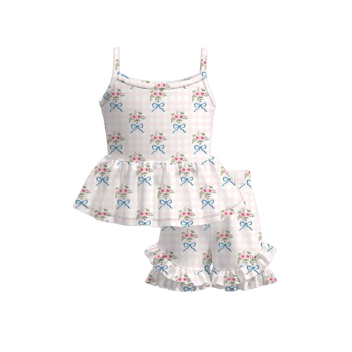 MOQ 5 PCS Preorder GSSO3533 Flower Bows Pink Plaid Sleeveless Ruffle Shorts Girls Sets 202603