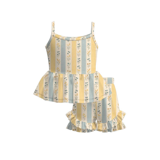 MOQ 5 PCS Preorder GSSO3535 Flower Yellow Blue Stripe Sleeveless Ruffle Shorts Girls Sets 202603