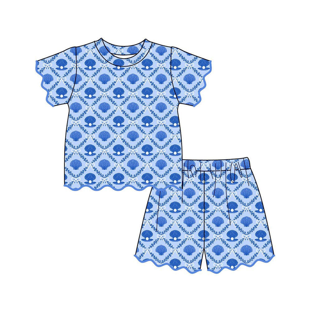 MOQ 30 PCS Preorder GSSO3538 Pearl Shell Bows Blue Wave Ruffle Short Sleeve Shorts Girls Sets 202603