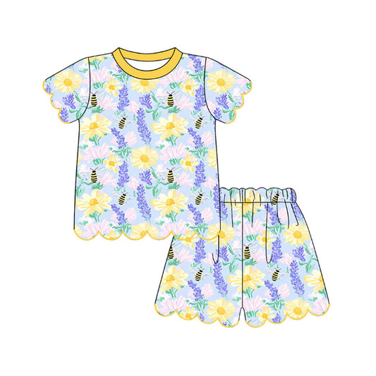 MOQ 30 PCS Preorder GSSO3540 Bee Yellow Flower Wave Ruffle Short Sleeve Shorts Girls Sets 202603