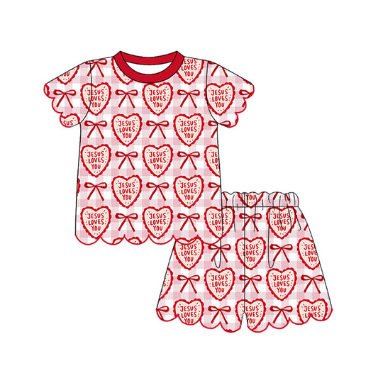 MOQ 30 PCS Preorder GSSO3541 Jesus Love You Love Bows Red Wave Ruffle Short Sleeve Shorts Girls Sets 202603