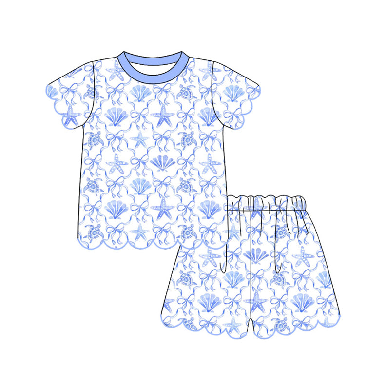 MOQ 30 PCS Preorder GSSO3542 Seashell Turtle Starfish Bow Blue White Wave Ruffle Short Sleeve Shorts Girls Sets 202603