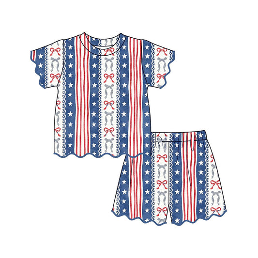 MOQ 30 PCS Preorder GSSO3546 4th of July Star Bows Stripe Wave Ruffle Short Sleeve Shorts Girls Sets 202603