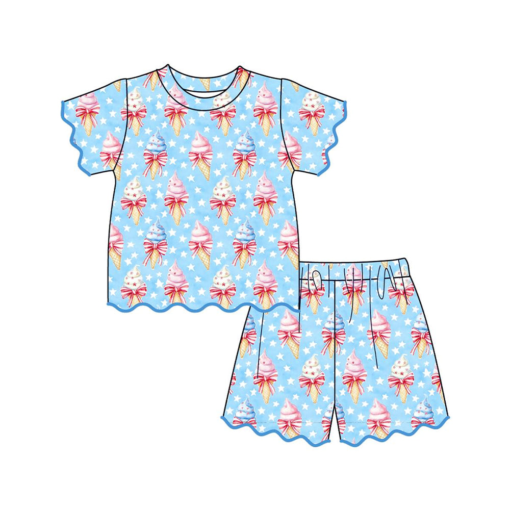 MOQ 30 PCS Preorder GSSO3547 4th of July Ice Cream Star Blue Wave Ruffle Short Sleeve Shorts Girls Sets 202603