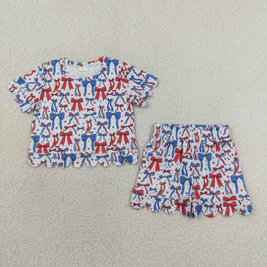 GSSO3548 4th of July Red Blue Bows Wave Ruffle Short Sleeve Shorts Girls Sets 202606 RTS