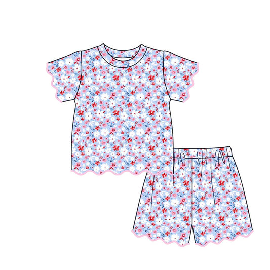 MOQ 30 PCS Preorder GSSO3553 4th of July Floral Wave Ruffle Short Sleeve Shorts Girls Sets 202603